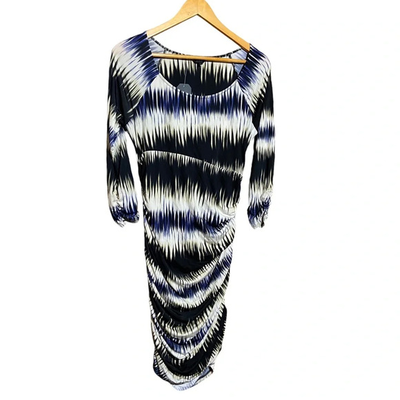 NWT GUESS 3/4 Sleeve Joise Rutched Mini Dress Jet Black Multi Size Medium - Picture 3 of 12